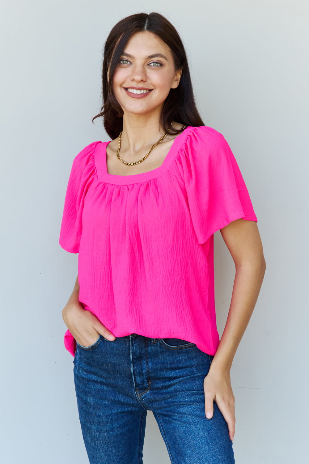 Ninexis Keep Me Close Square Neck Short Sleeve Blouse in Fuchsia - Fuchsia / S - SHIRTS & BLOUSES - Fuchsia