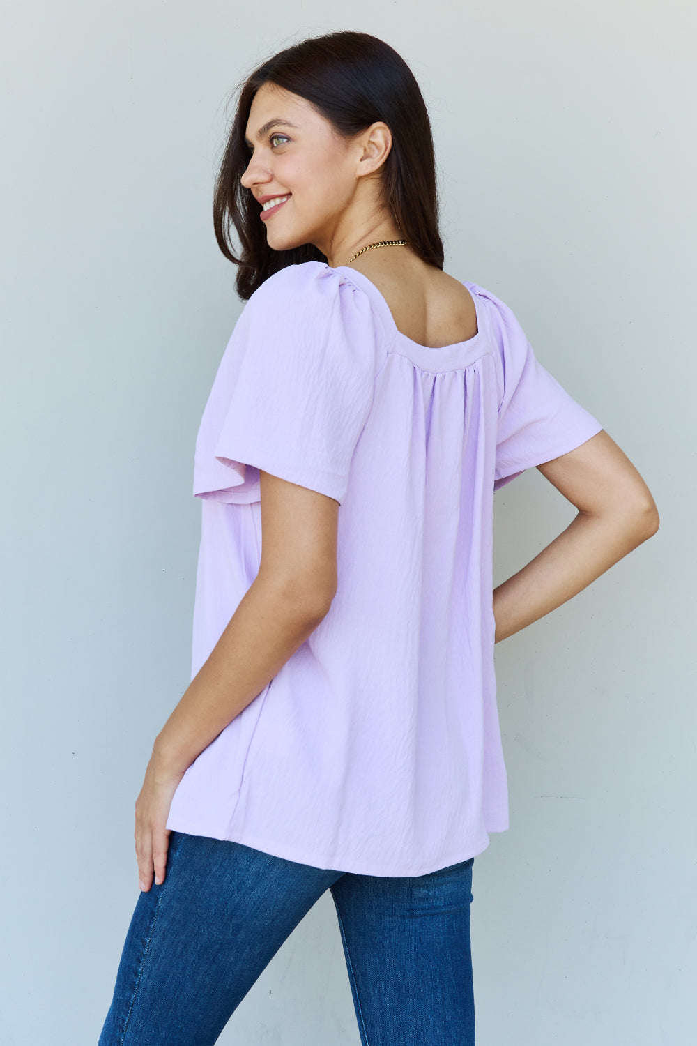 Ninexis Keep Me Close Square Neck Short Sleeve Blouse in Lavender - SHIRTS & BLOUSES - Lavender