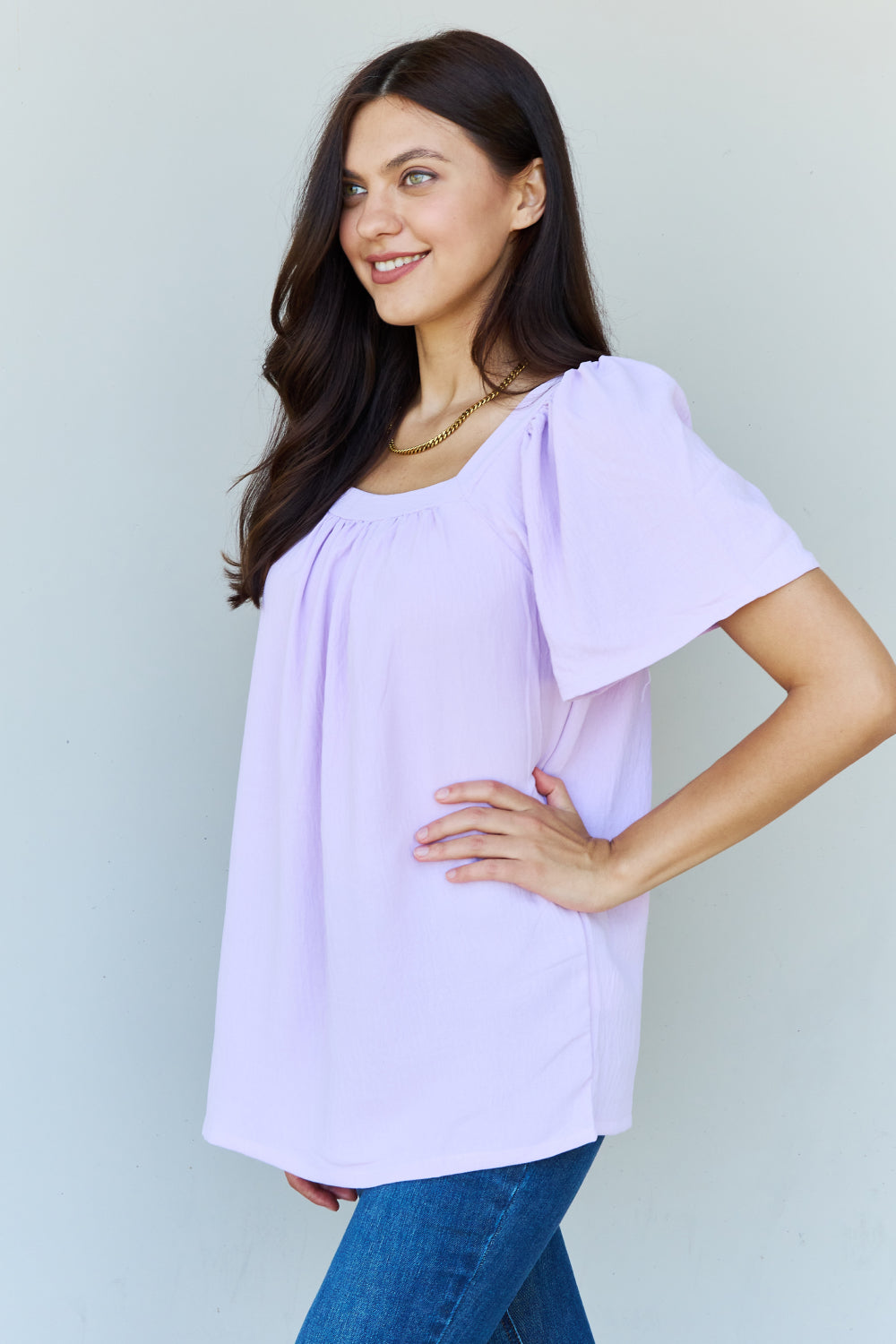 Ninexis Keep Me Close Square Neck Short Sleeve Blouse in Lavender - SHIRTS & BLOUSES - Lavender