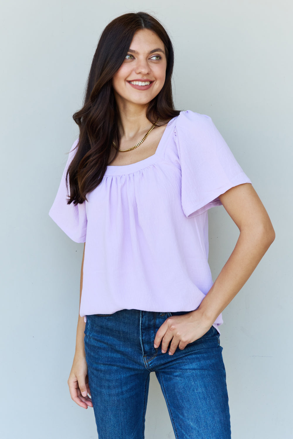 Ninexis Keep Me Close Square Neck Short Sleeve Blouse in Lavender - Lavender / S - SHIRTS & BLOUSES - Lavender