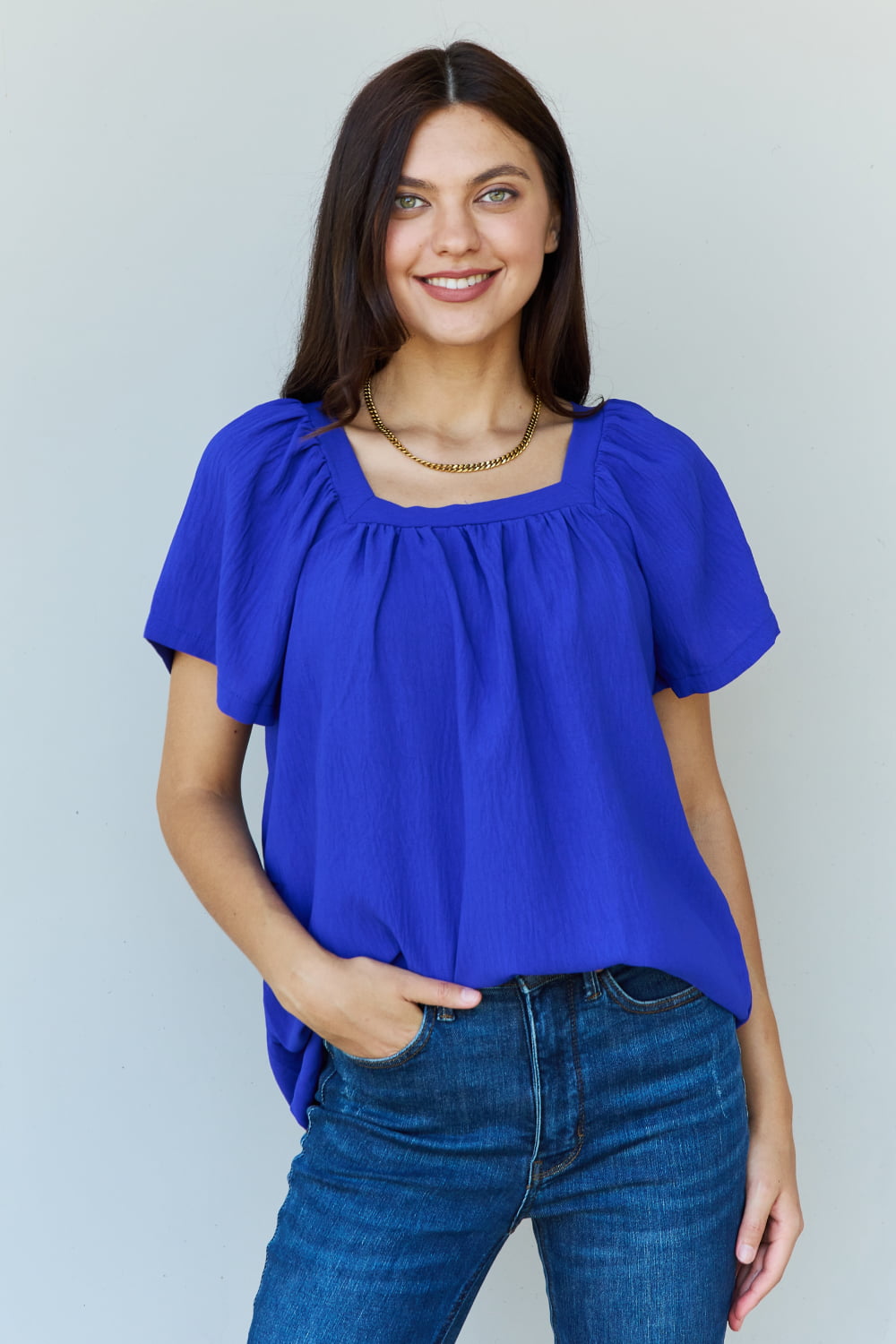 Ninexis Keep Me Close Square Neck Short Sleeve Blouse in Royal - Royal / S - SHIRTS & BLOUSES - Royal