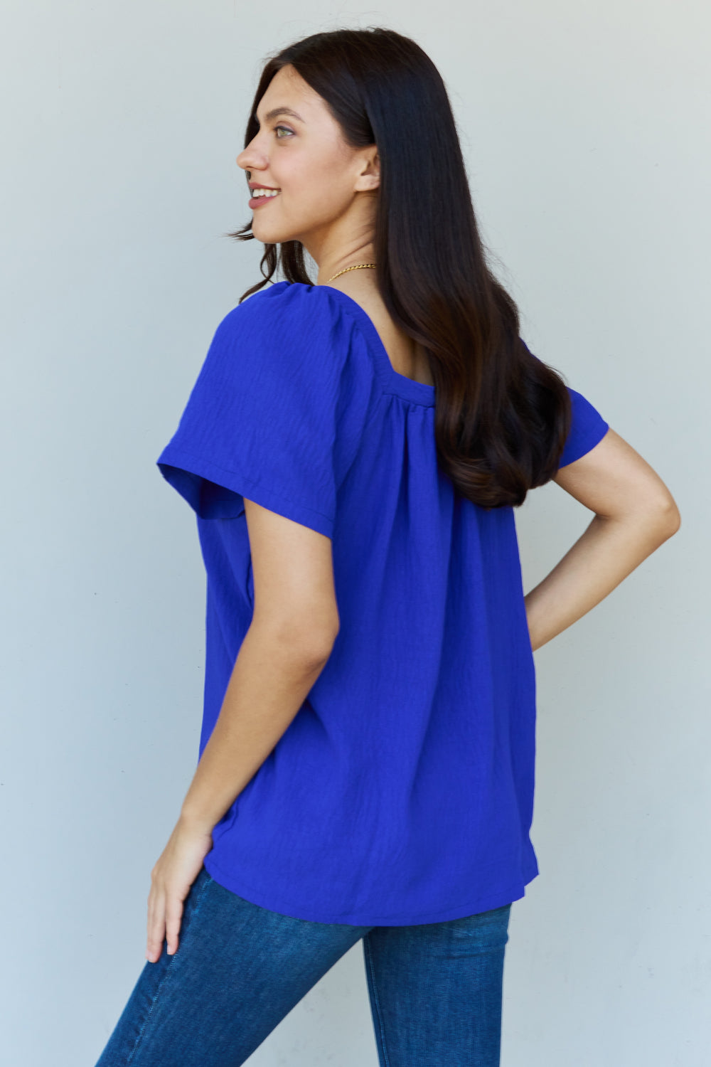 Ninexis Keep Me Close Square Neck Short Sleeve Blouse in Royal - SHIRTS & BLOUSES - Royal