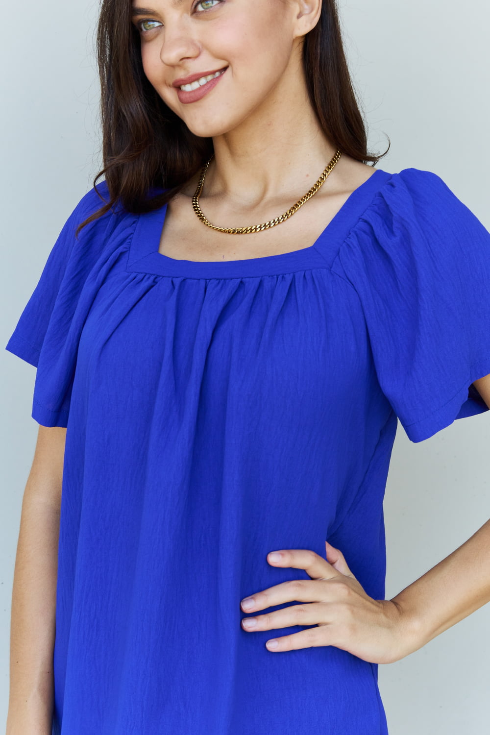 Ninexis Keep Me Close Square Neck Short Sleeve Blouse in Royal - SHIRTS & BLOUSES - Royal