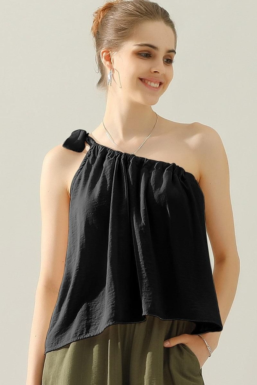 Ninexis One Shoulder Bow Tie Strap Satin Silk Top - Black / S - TOPS - Mixed