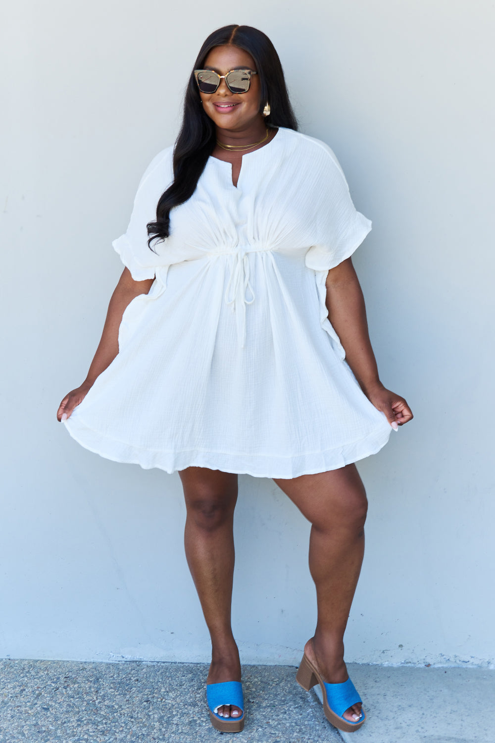 Ninexis Out Of Time Full Size Ruffle Hem Dress with Drawstring Waistband in White - DRESSES - White