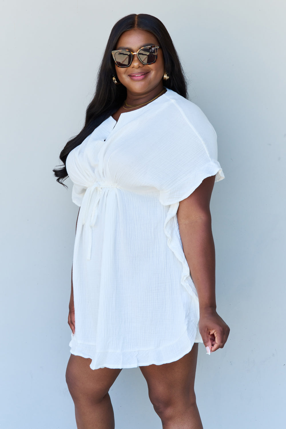 Ninexis Out Of Time Full Size Ruffle Hem Dress with Drawstring Waistband in White - DRESSES - White