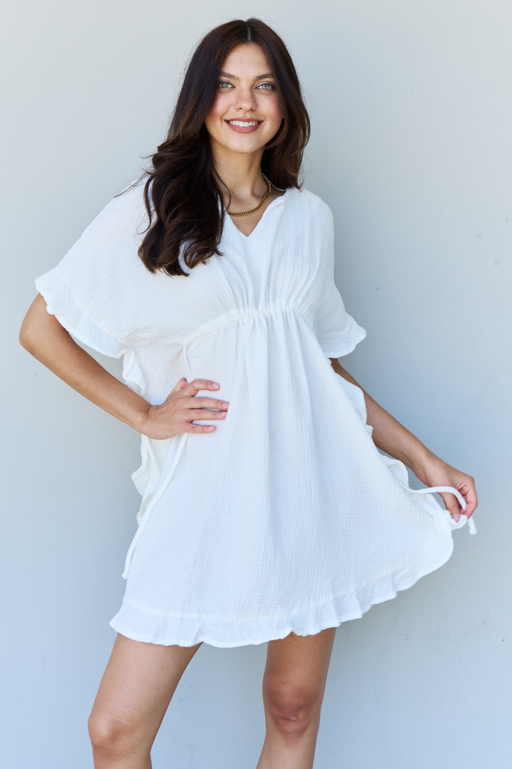Ninexis Out Of Time Full Size Ruffle Hem Dress with Drawstring Waistband in White - White / S - DRESSES - White