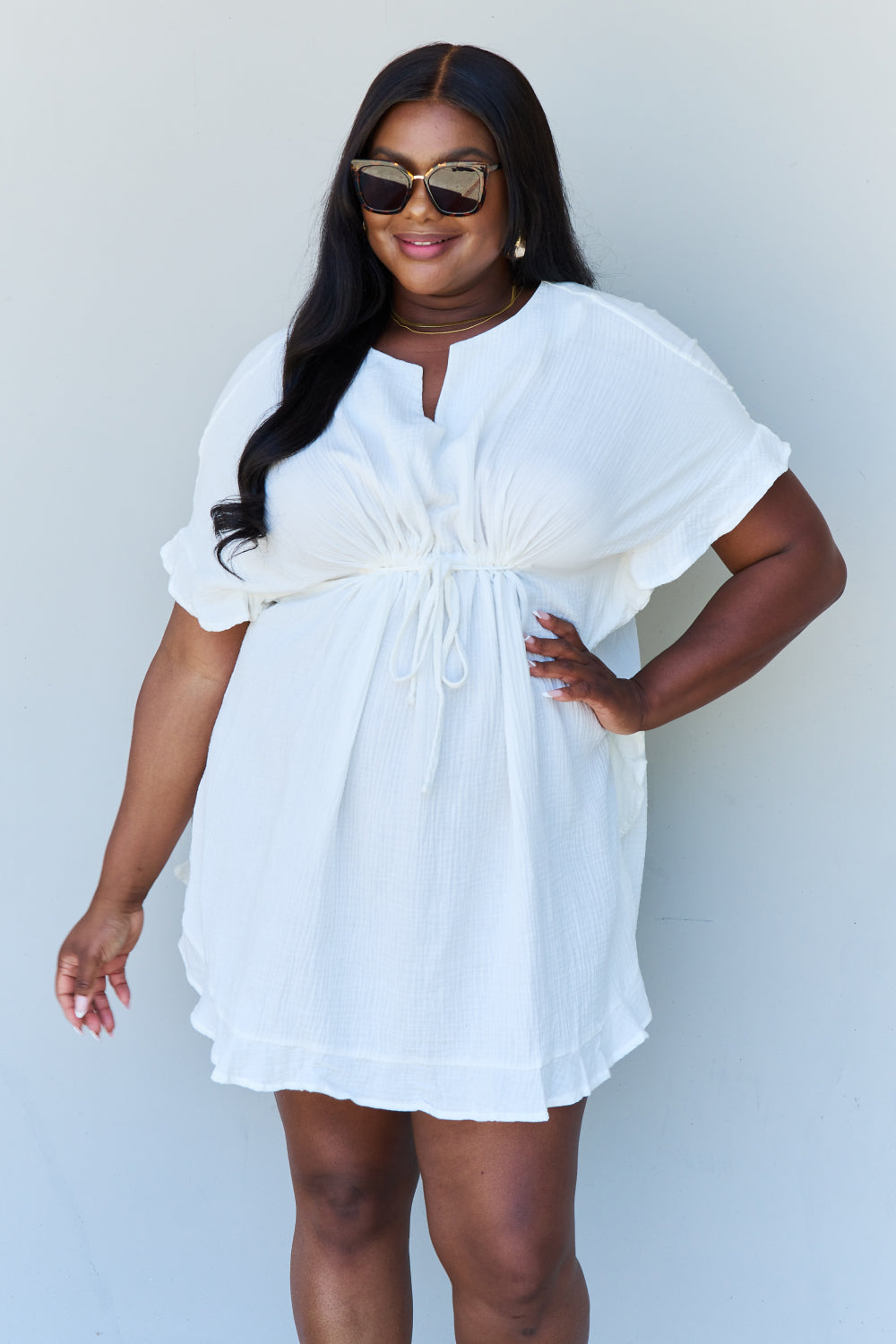 Ninexis Out Of Time Full Size Ruffle Hem Dress with Drawstring Waistband in White - DRESSES - White