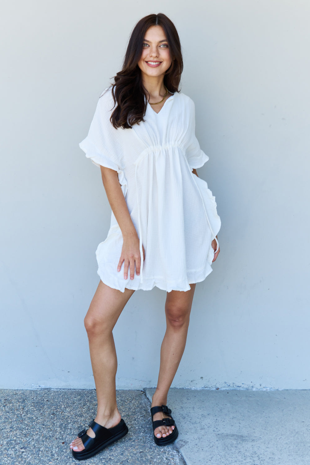 Ninexis Out Of Time Full Size Ruffle Hem Dress with Drawstring Waistband in White - DRESSES - White