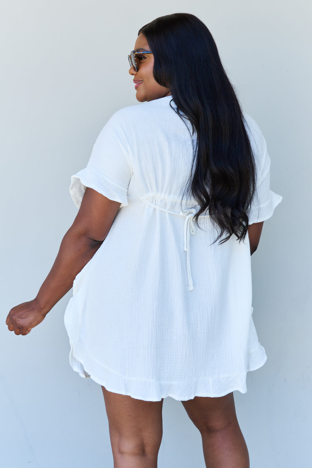 Ninexis Out Of Time Full Size Ruffle Hem Dress with Drawstring Waistband in White - DRESSES - White