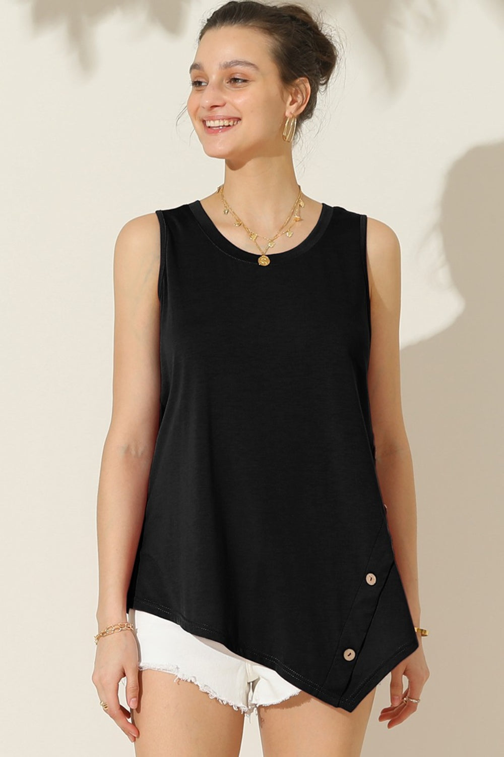 Ninexis Round Neck Button Side Tank - Black / S - TOPS - Mixed