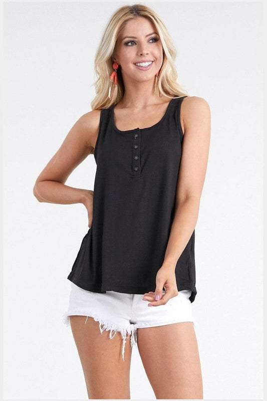 Ninexis Square Neck Half Button Tank - Black / S - TOPS - Mixed