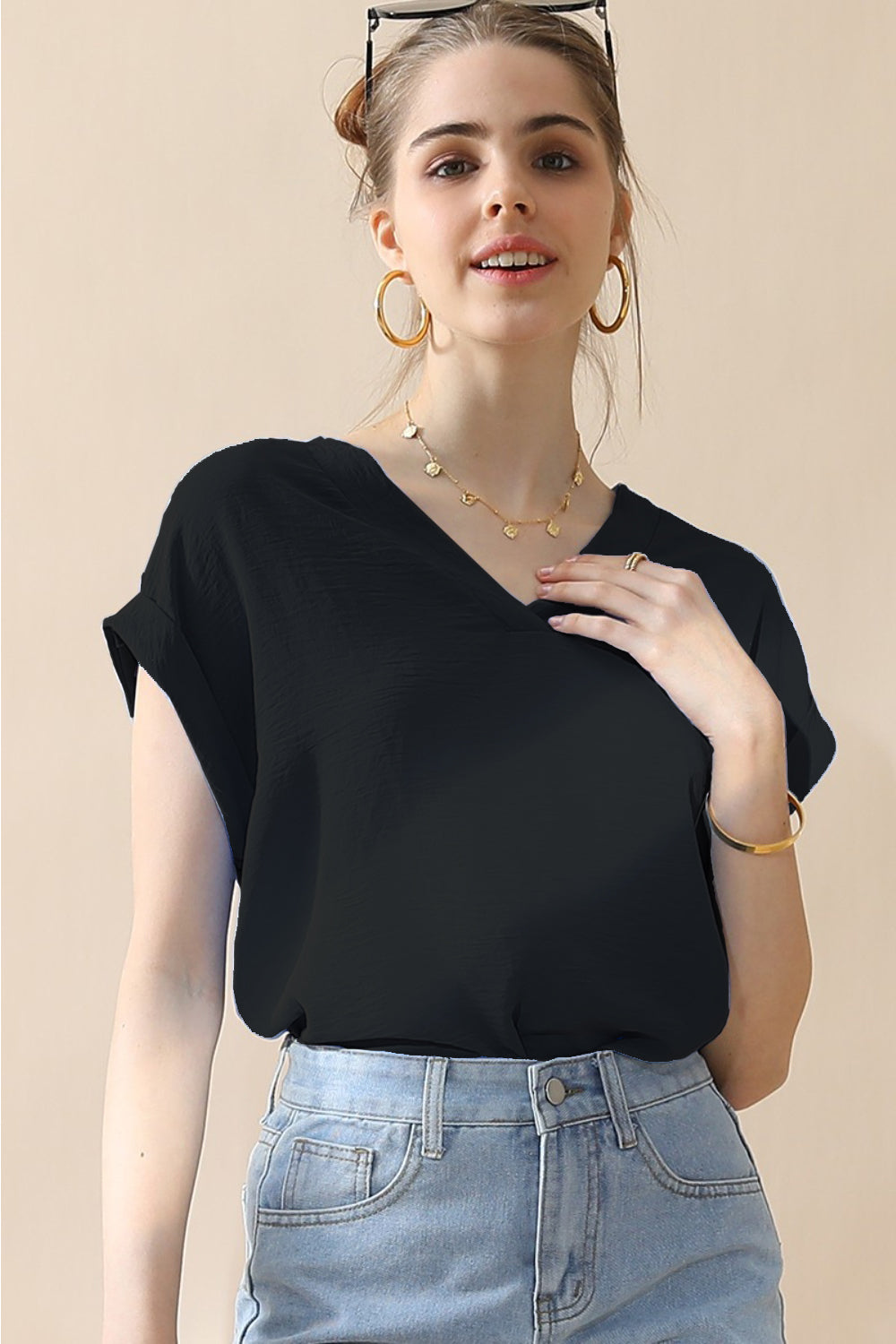 Ninexis V-Neck Trim Rolled Short Sleeve Shirt - BLACK / S - TOPS - Mixed