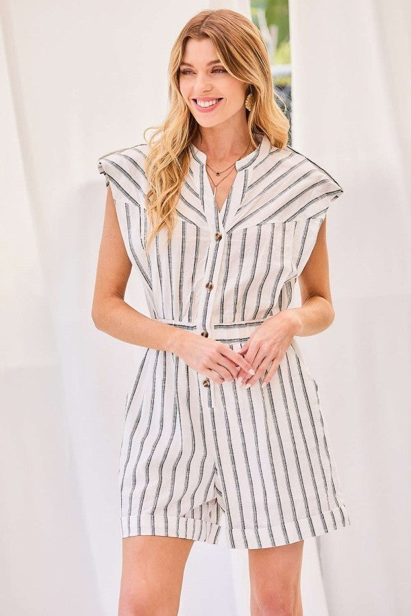 Notched Neck Button Elastic Band Waist Stripe Print Romper Smile Sparker