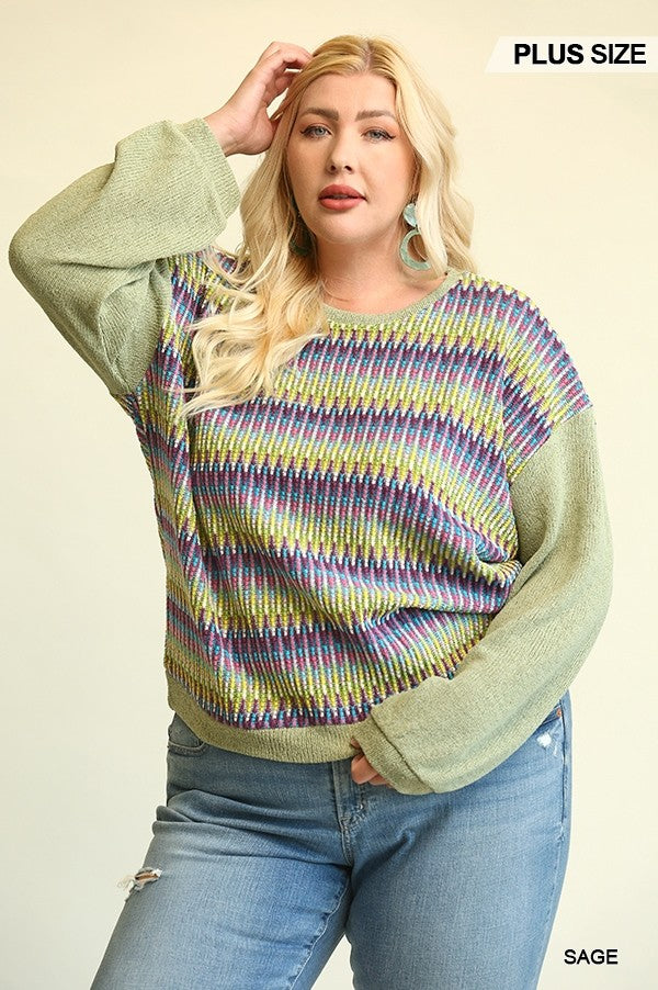 Novelty Knit And Solid Knit Mixed Loose Top With Drop Down Shoulder Smile Sparker