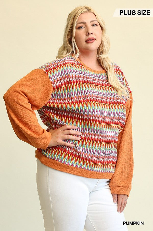 Novelty Knit And Solid Knit Mixed Loose Top With Drop Down Shoulder Smile Sparker