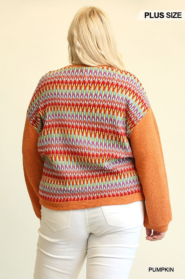 Novelty Knit And Solid Knit Mixed Loose Top With Drop Down Shoulder Smile Sparker