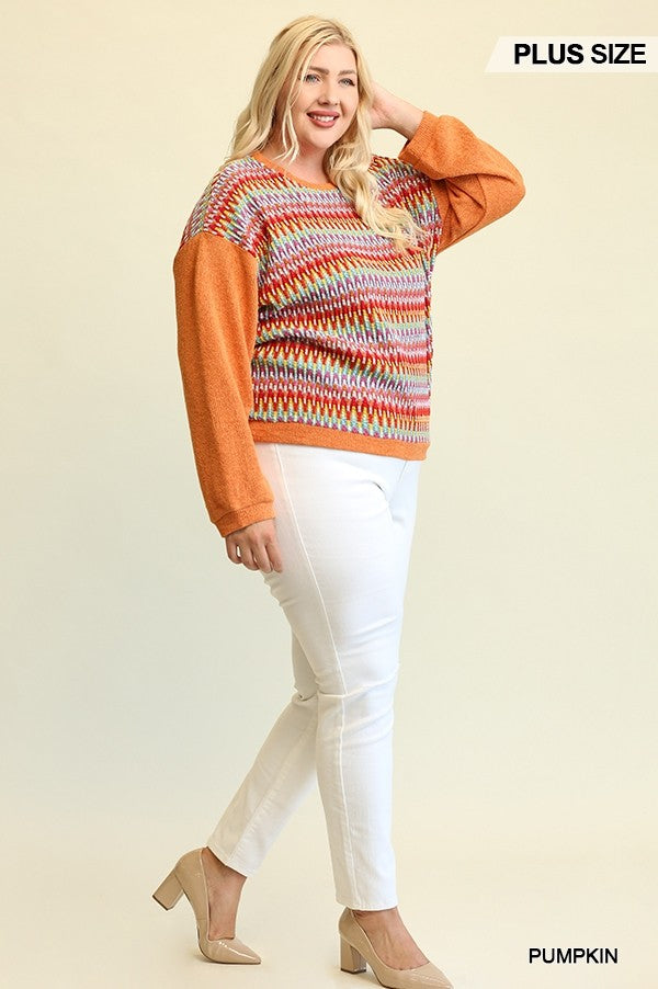 Novelty Knit And Solid Knit Mixed Loose Top With Drop Down Shoulder Smile Sparker