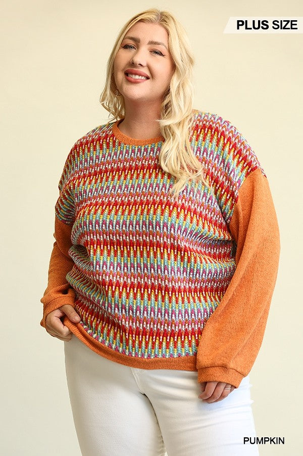 Novelty Knit And Solid Knit Mixed Loose Top With Drop Down Shoulder Smile Sparker