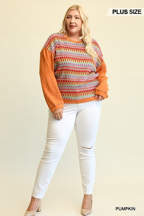 Novelty Knit And Solid Knit Mixed Loose Top With Drop Down Shoulder Smile Sparker