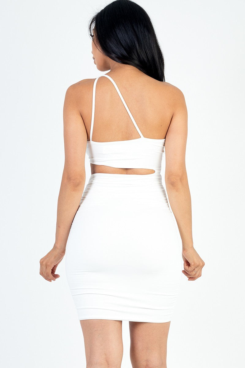 One Shoulder Cut-out Front Ruched Bodycon Mini Dress Smile Sparker