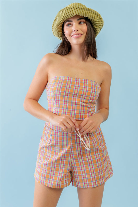 Orange & Aqua Plaid Print Cotton Strapless Crop Top & High Waist Two Pocket Shorts Set Smile Sparker