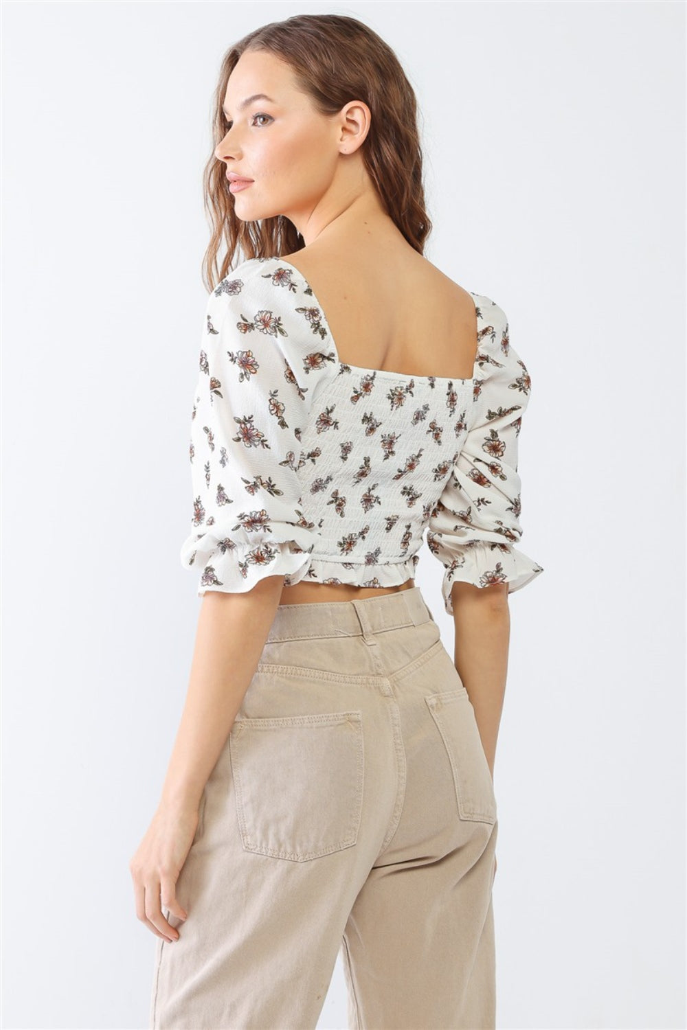 PAPERMOON Floral Ruffled Smocked Crop Top - TOPS - Ivory