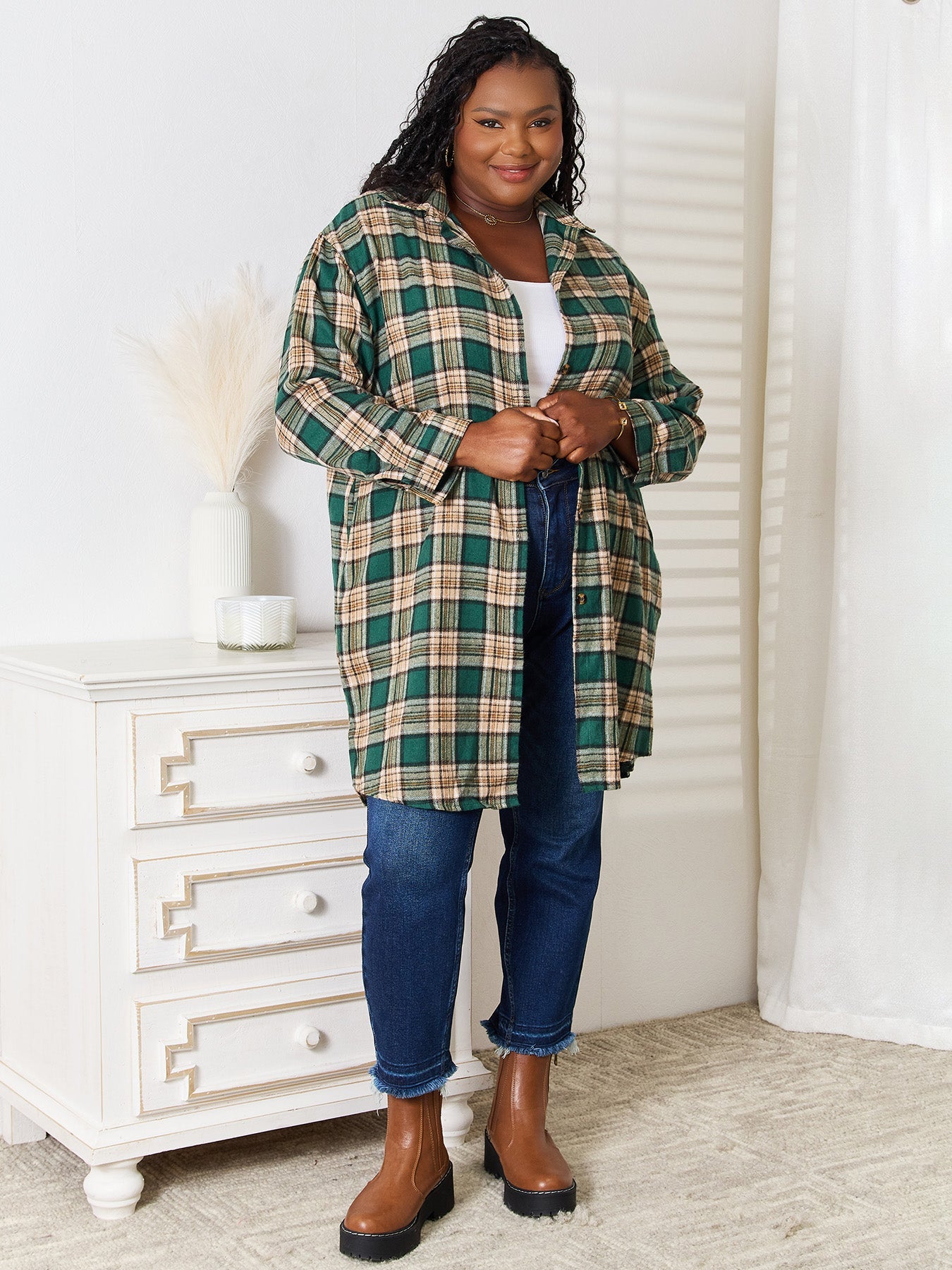 Plaid Collared Neck Long Sleeve Shirt - SHIRTS & BLOUSES - Green