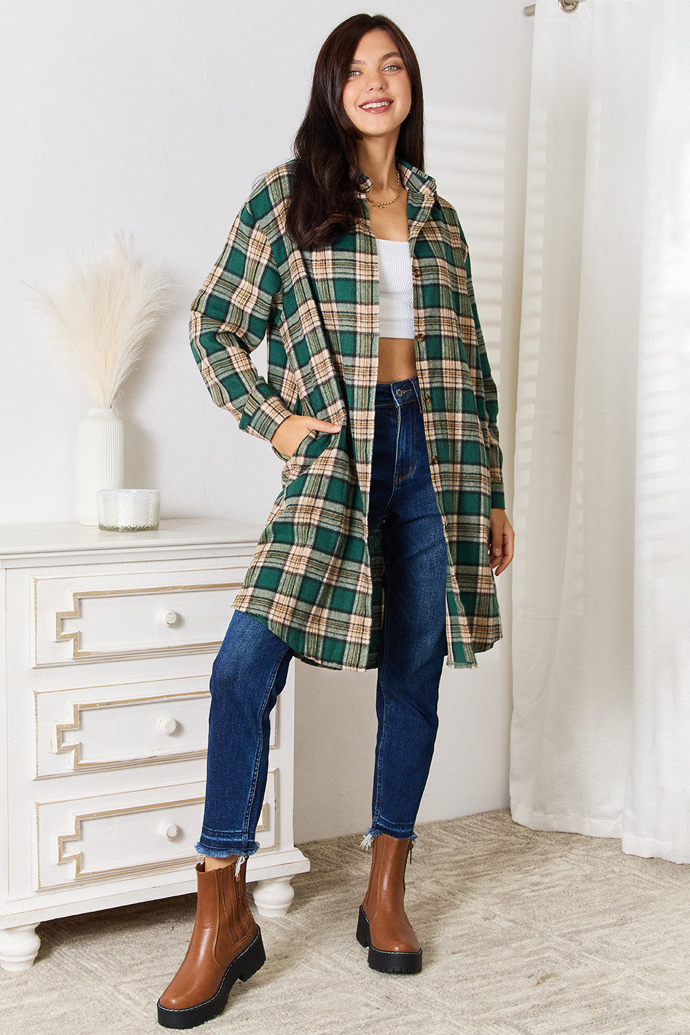 Plaid Collared Neck Long Sleeve Shirt - SHIRTS & BLOUSES - Green