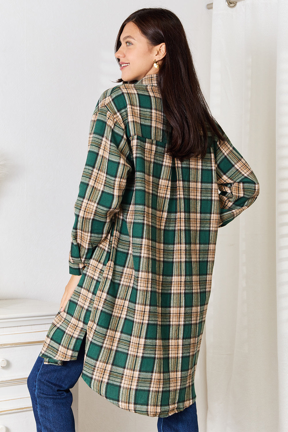 Plaid Collared Neck Long Sleeve Shirt - SHIRTS & BLOUSES - Green