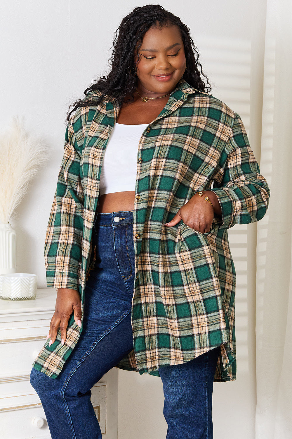 Plaid Collared Neck Long Sleeve Shirt - SHIRTS & BLOUSES - Green