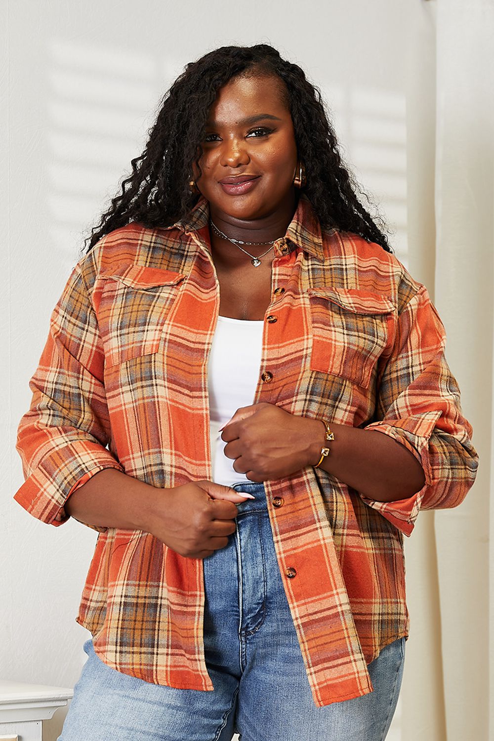 Plaid Dropped Shoulder Shirt - Ochre / S - SHIRTS & BLOUSES - Mixed