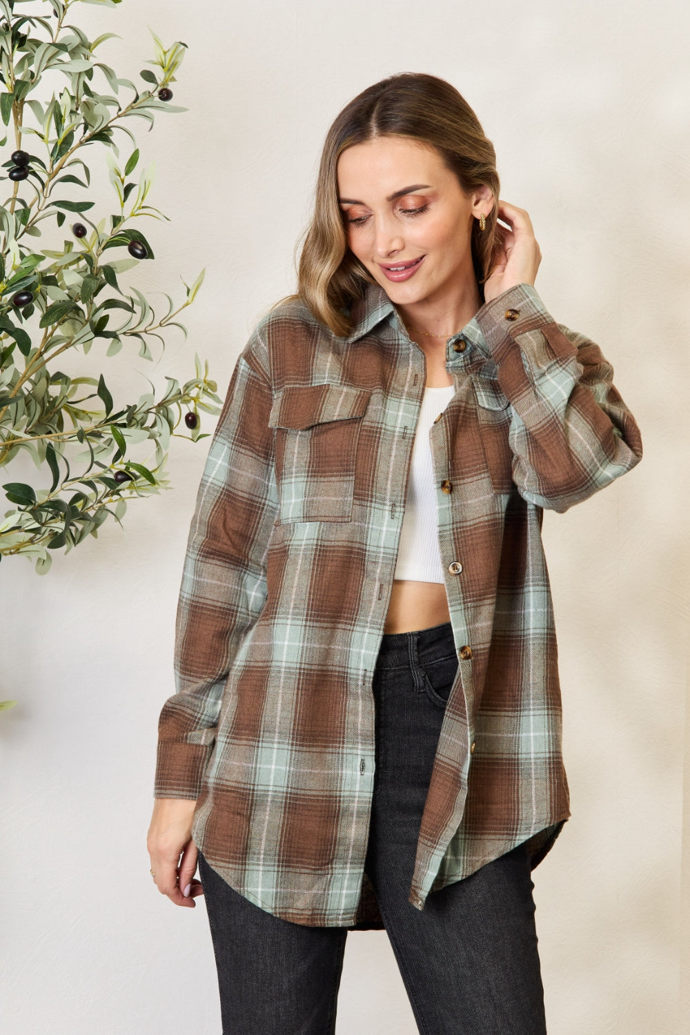 Plaid Dropped Shoulder Shirt - Olive Brown / S - SHIRTS & BLOUSES - Brown