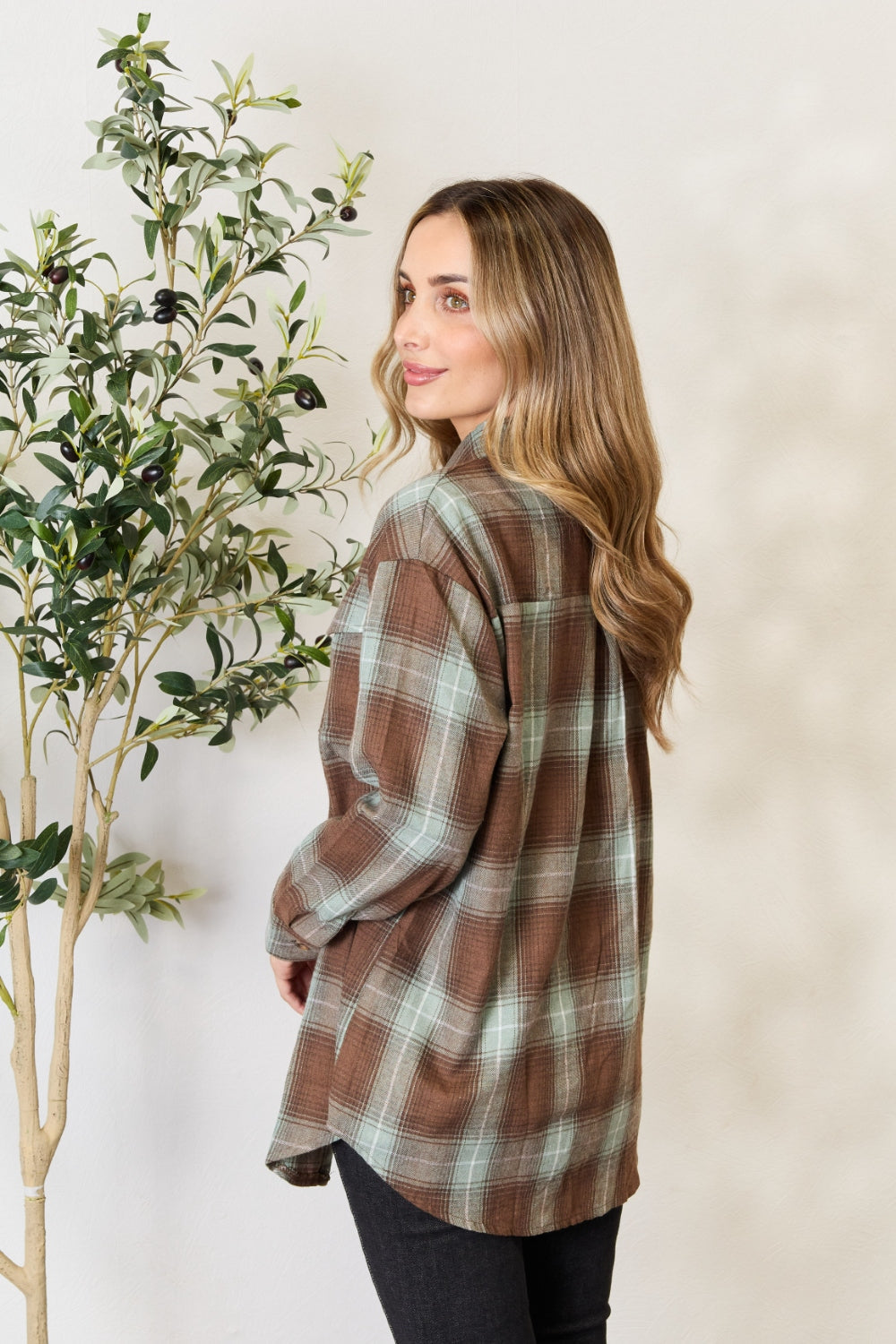 Plaid Dropped Shoulder Shirt - SHIRTS & BLOUSES - Brown