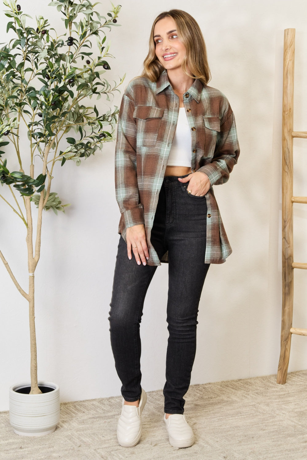 Plaid Dropped Shoulder Shirt - SHIRTS & BLOUSES - Brown