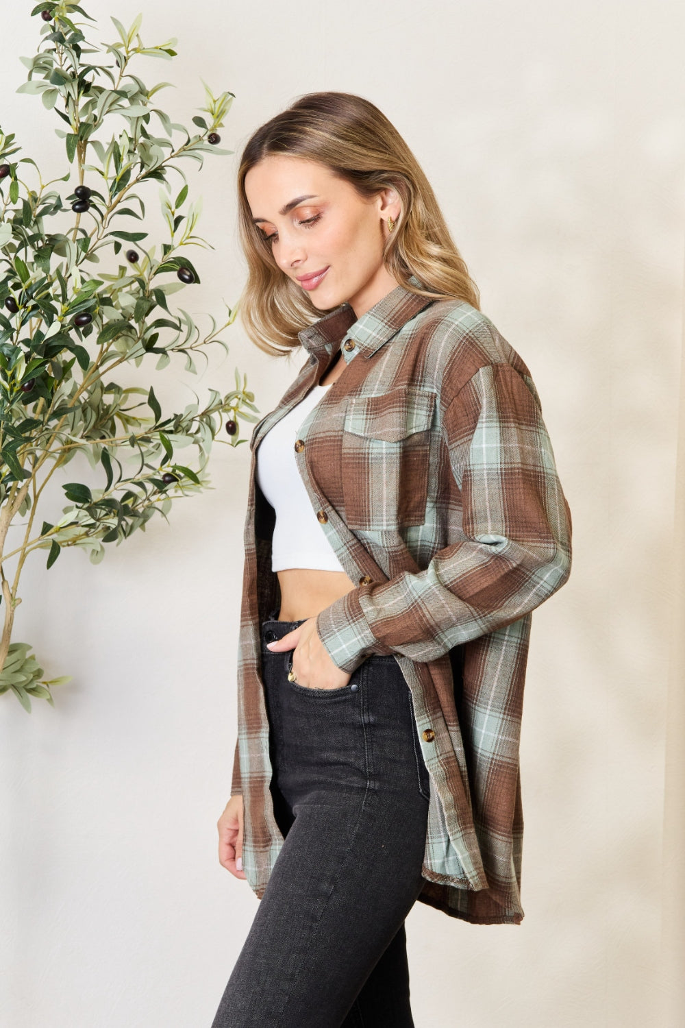 Plaid Dropped Shoulder Shirt - SHIRTS & BLOUSES - Brown