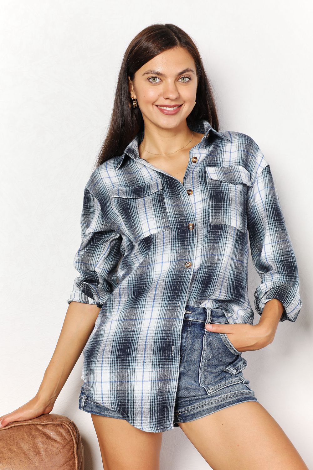 Plaid Dropped Shoulder Shirt - Sky Blue / S - SHIRTS & BLOUSES - Mixed