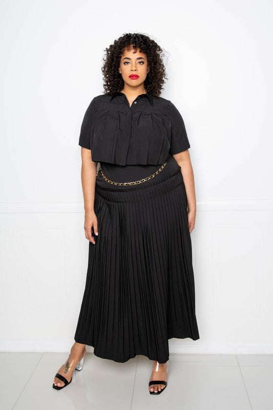 Pleated Cropped Shirt And Maxi Skirt Set Smile Sparker