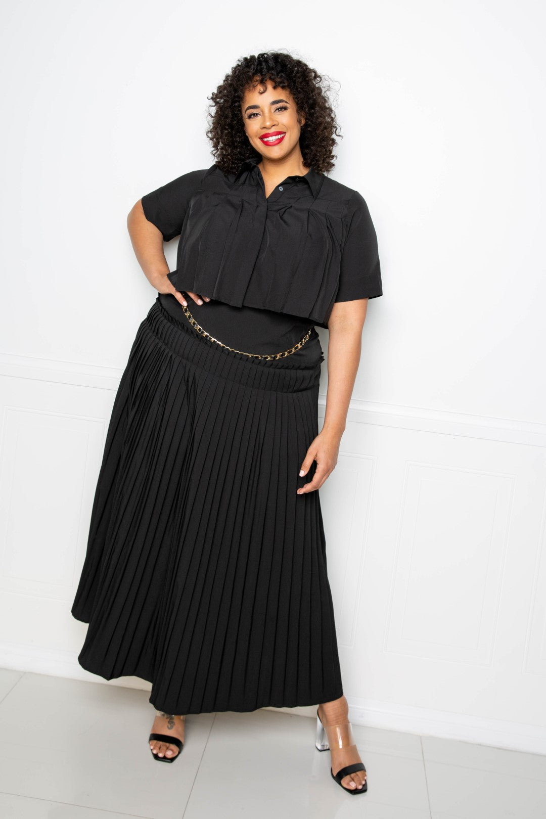 Pleated Cropped Shirt And Maxi Skirt Set Smile Sparker