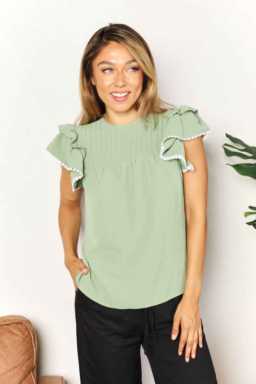 Pleated Detail Flutter Sleeve Blouse - Light Green / S - SHIRTS & BLOUSES - Light Green