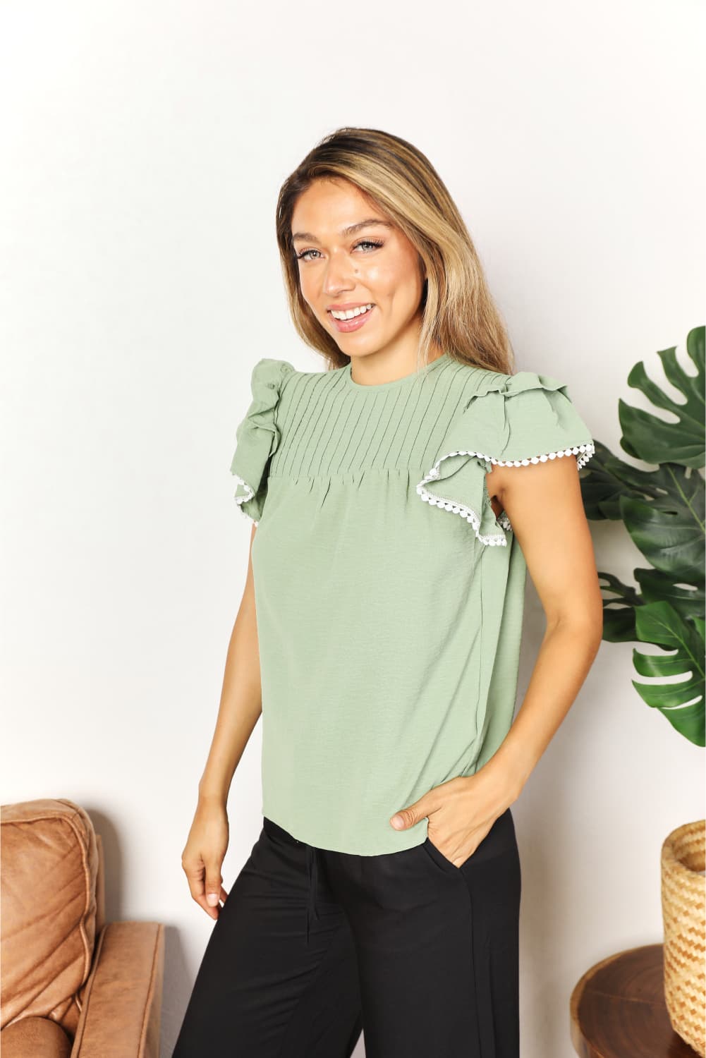 Pleated Detail Flutter Sleeve Blouse - SHIRTS & BLOUSES - Light Green