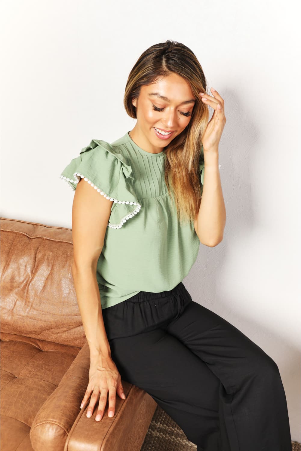 Pleated Detail Flutter Sleeve Blouse - SHIRTS & BLOUSES - Light Green