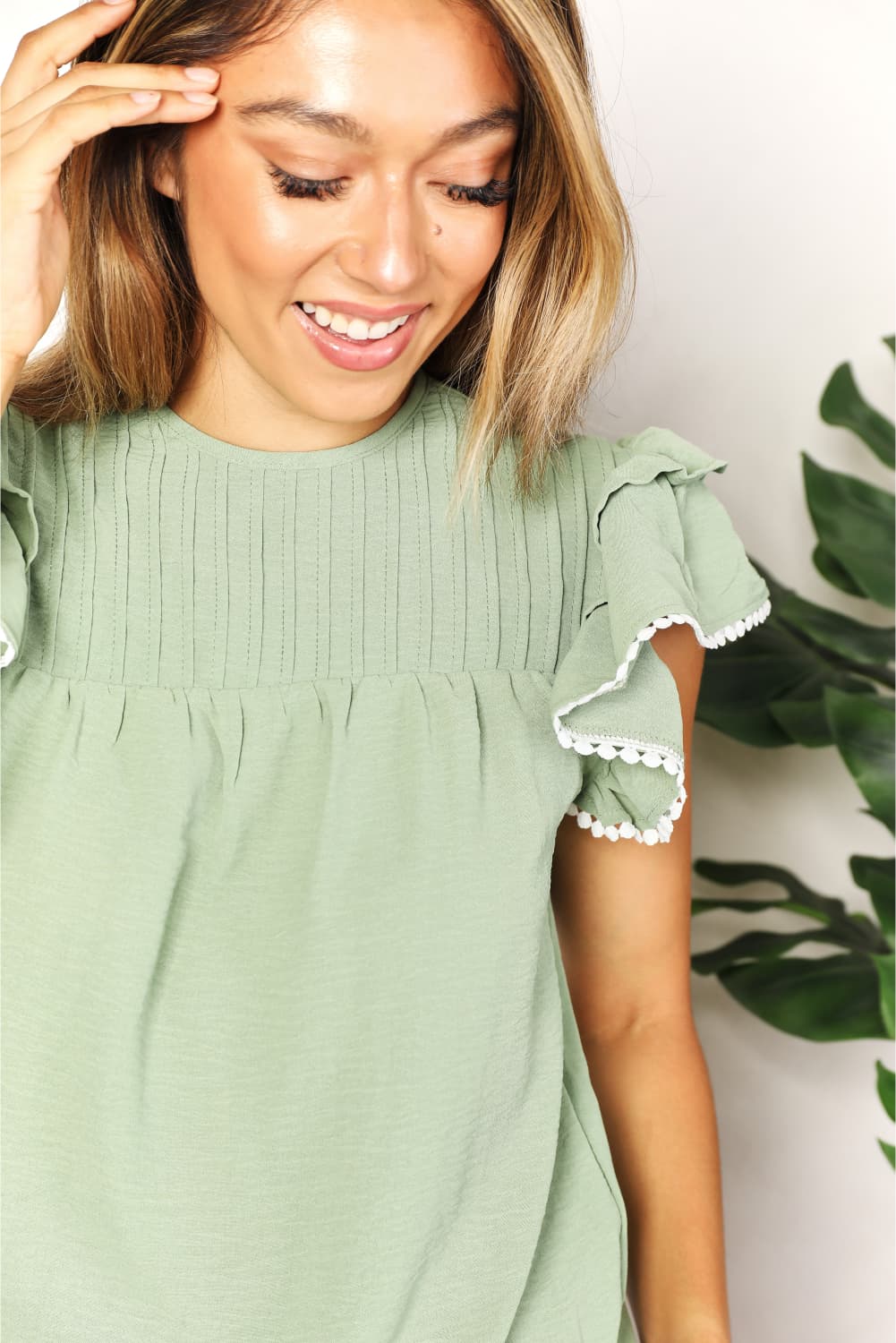 Pleated Detail Flutter Sleeve Blouse - SHIRTS & BLOUSES - Light Green