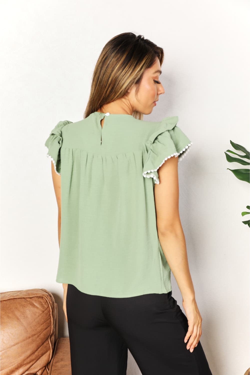 Pleated Detail Flutter Sleeve Blouse - SHIRTS & BLOUSES - Light Green