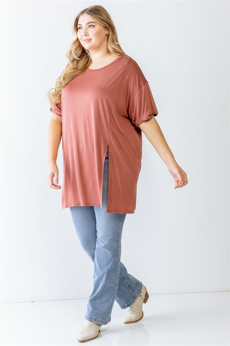 Plus Brick Round Neck Short Sleeve Relax Top Smile Sparker
