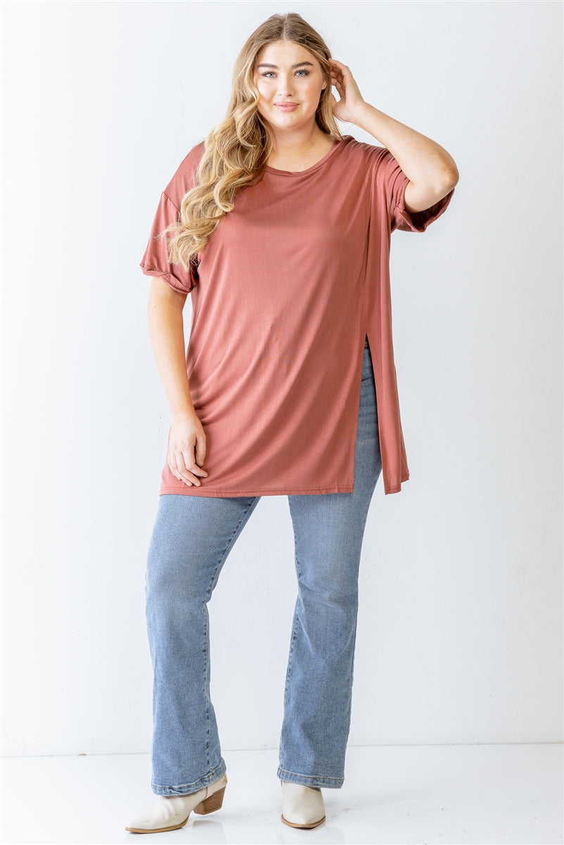 Plus Brick Round Neck Short Sleeve Relax Top Smile Sparker