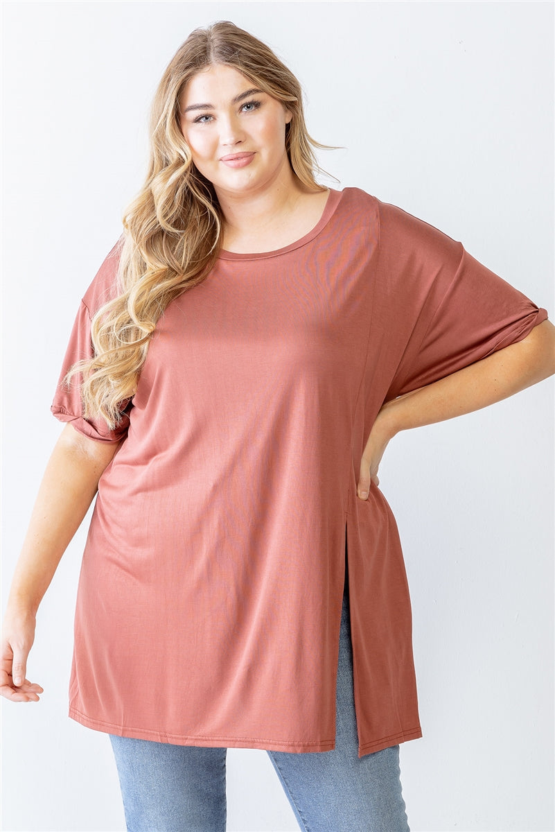 Plus Brick Round Neck Short Sleeve Relax Top Smile Sparker