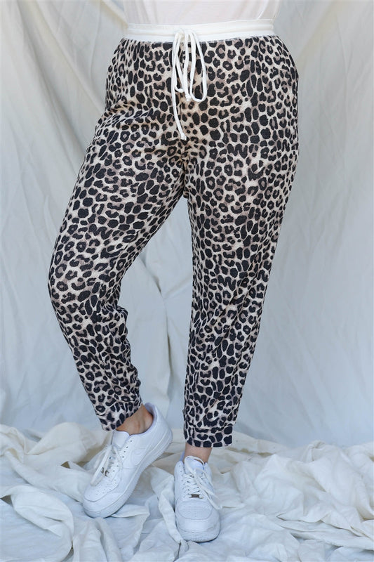 Plus Brown Leopard Print Two Pocket Joggers Pants Smile Sparker