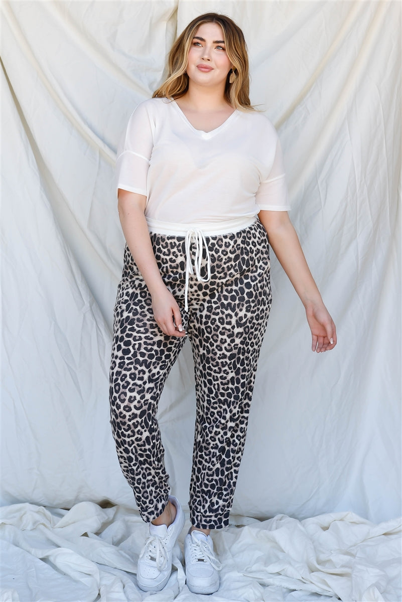 Plus Brown Leopard Print Two Pocket Joggers Pants Smile Sparker