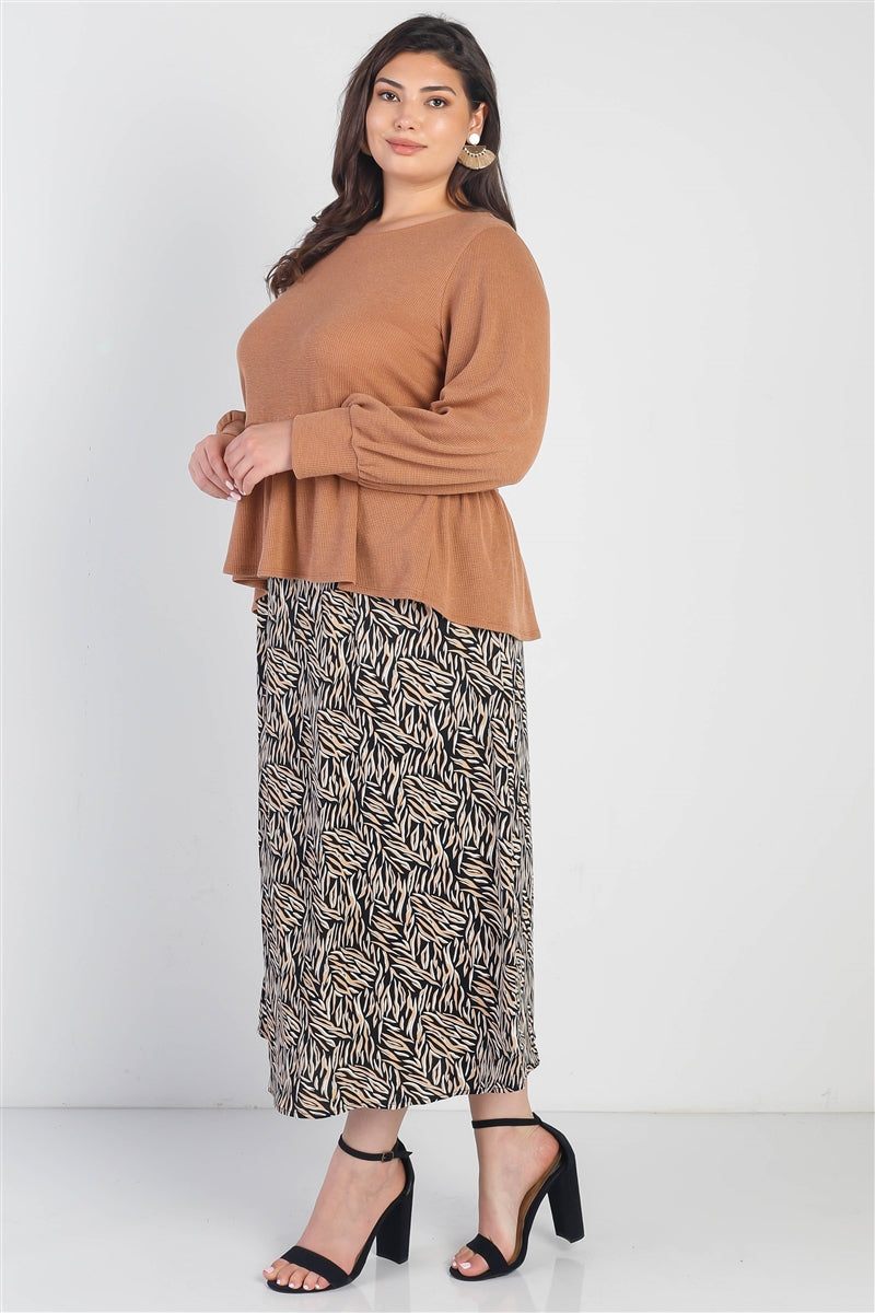 Plus Caramel Waffle Knit Back Button Detail Long Sleeve Top Smile Sparker